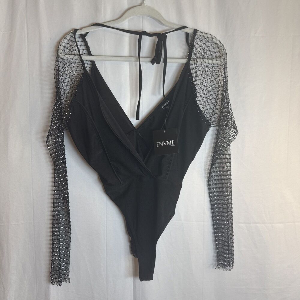 ENVME BLACK STRETCH RHINESTONE MESH BODYSUIT SNAP CROTCH Size Small NWT